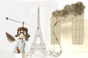 A wire eiffel tower and a puppet